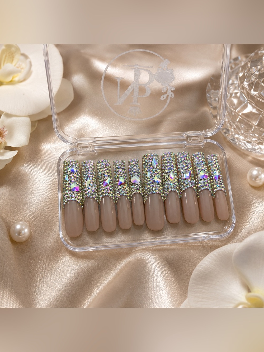 Nude Crystal Embellished Press-On Nails - Neutral Nude